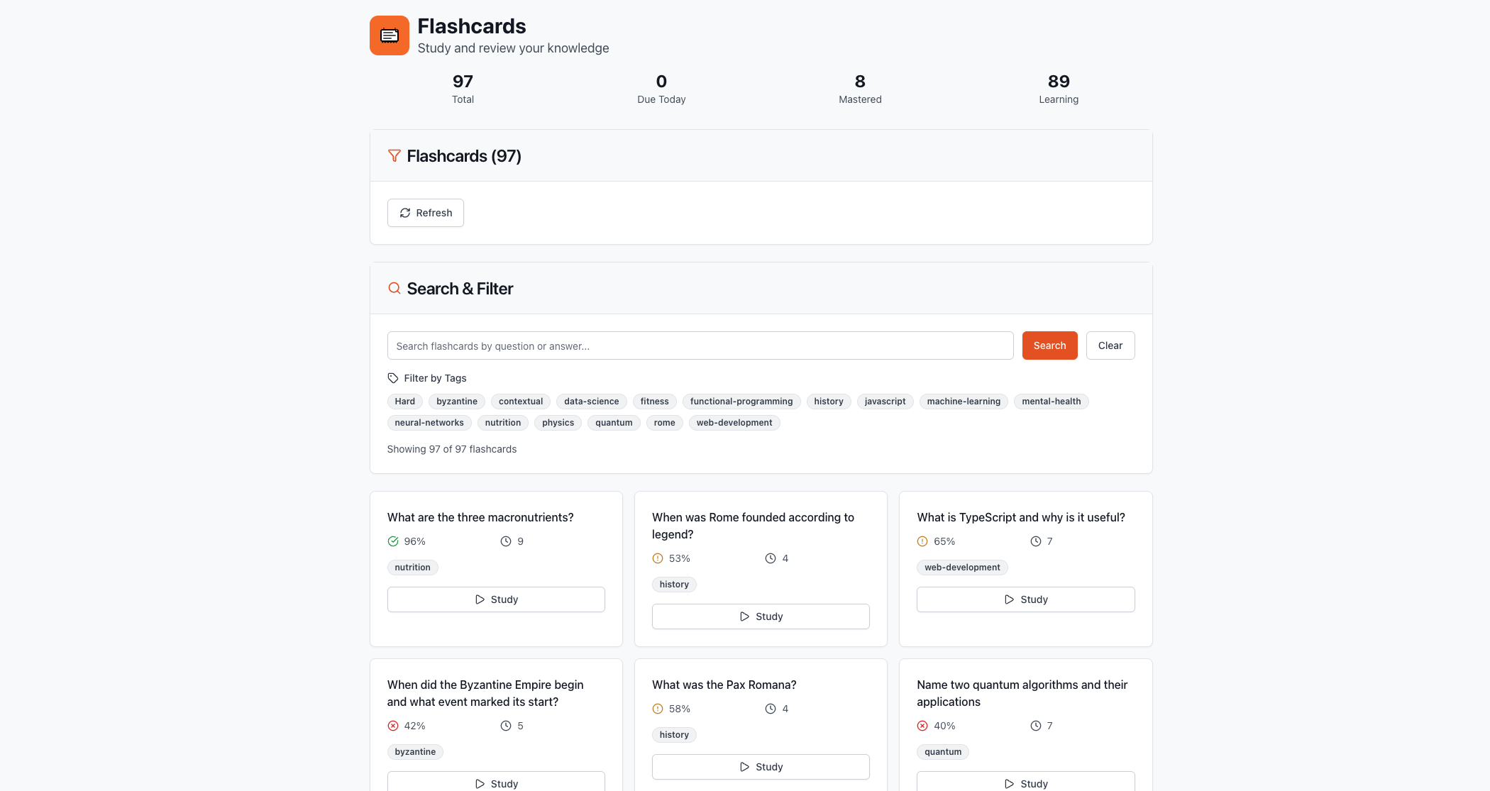 Advanced spaced repetition dashboard